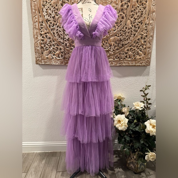 Faeriesty Plunging Neck Backless Ruffle Trim A Line Dress, Lavender- size XS - Picture 2 of 13